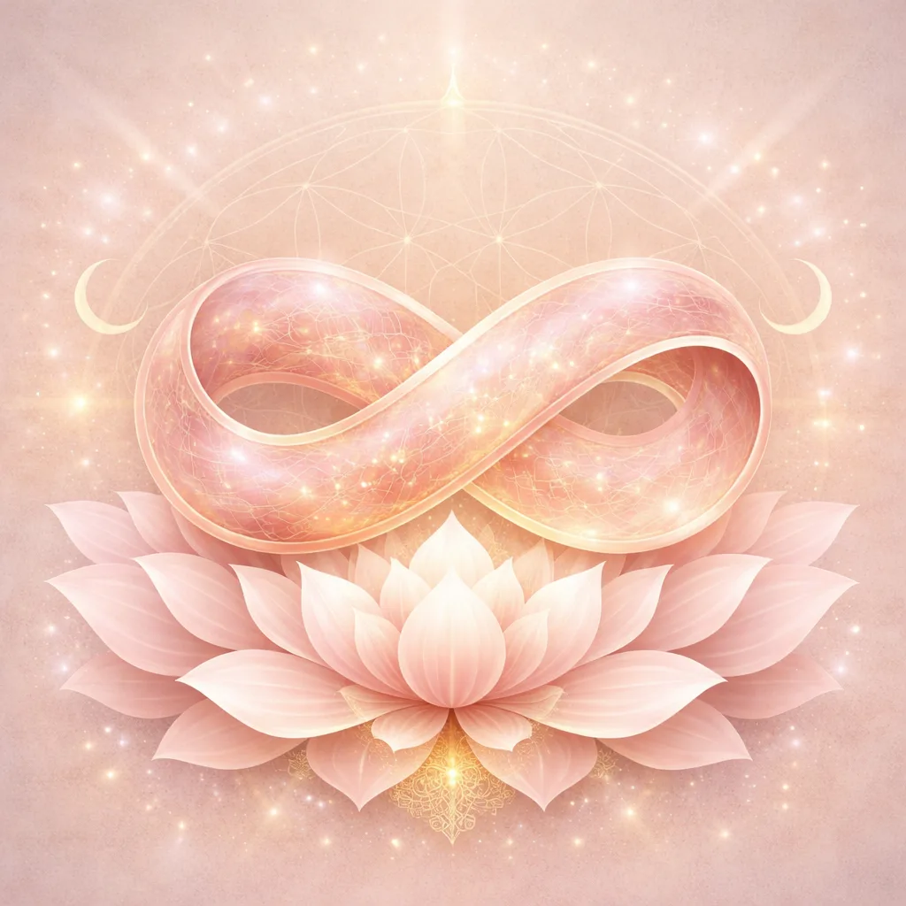 Möbius infinity loop rising from a lotus — continuity, non-duality, self-reflection