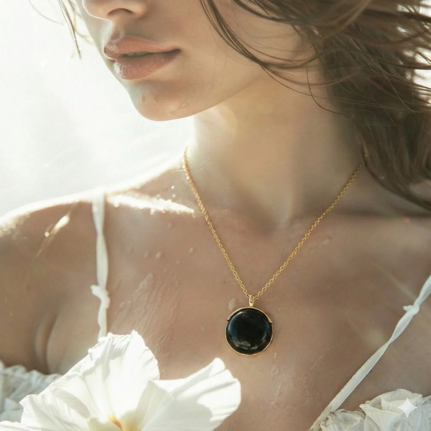 Woman wearing Ormiro onyx pendant