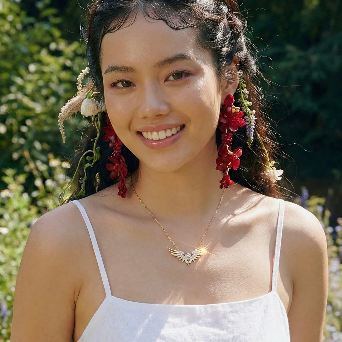 Model wearing Ormiro wings necklace